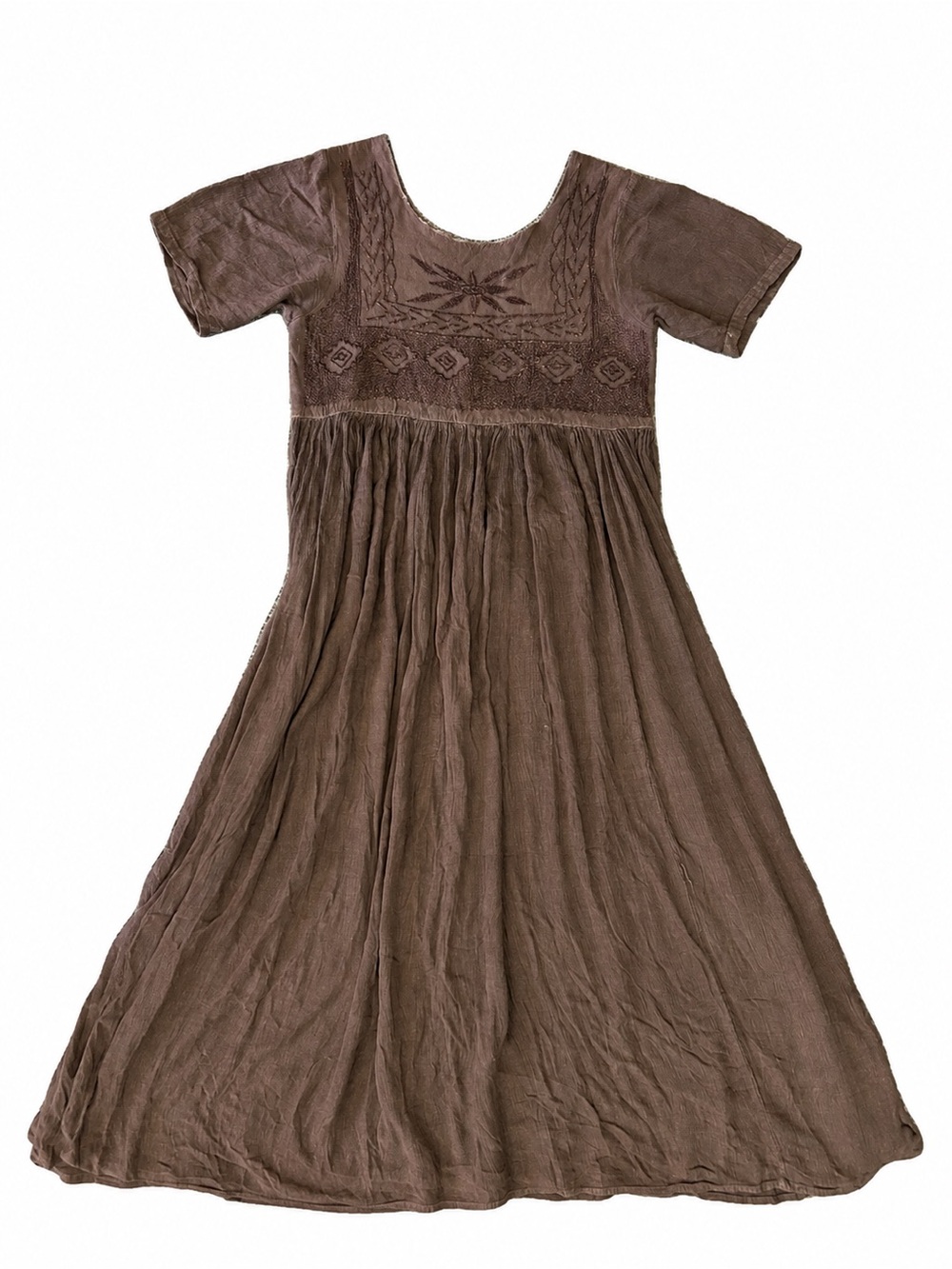 Embroidered Brown Maxi Dress with Short Sleeves